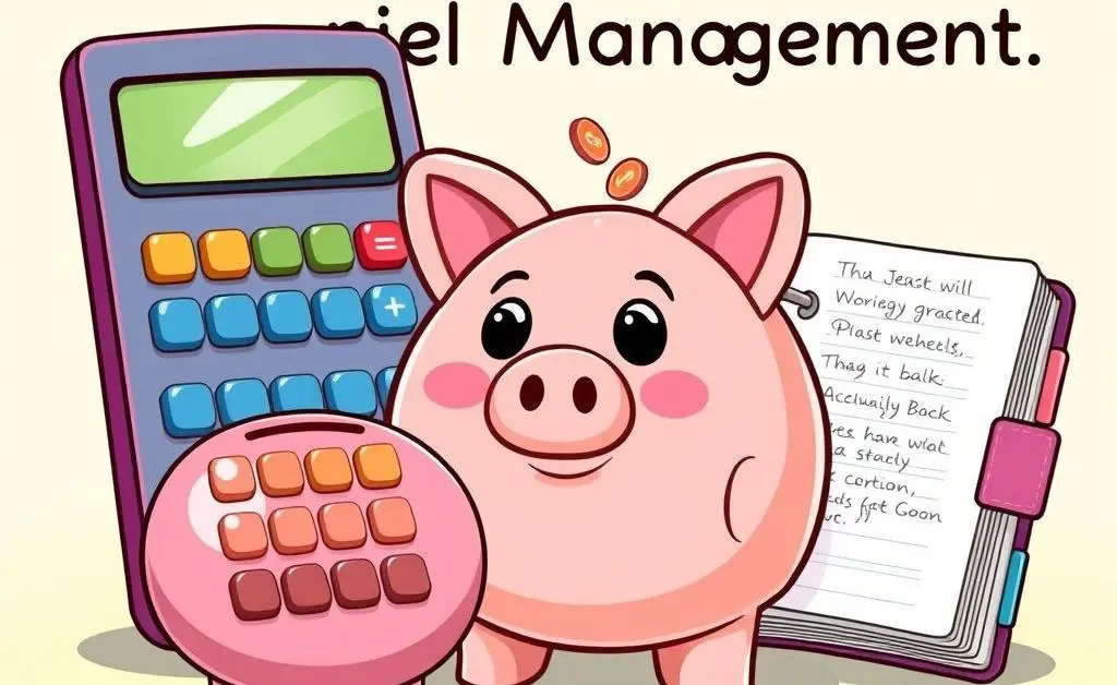 Cartoon-style image of budgeting tools like a calculator, piggy bank, and planner