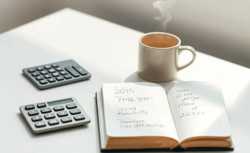A minimalist desk with budgeting tools like a calculator, notebook, and coffee cup