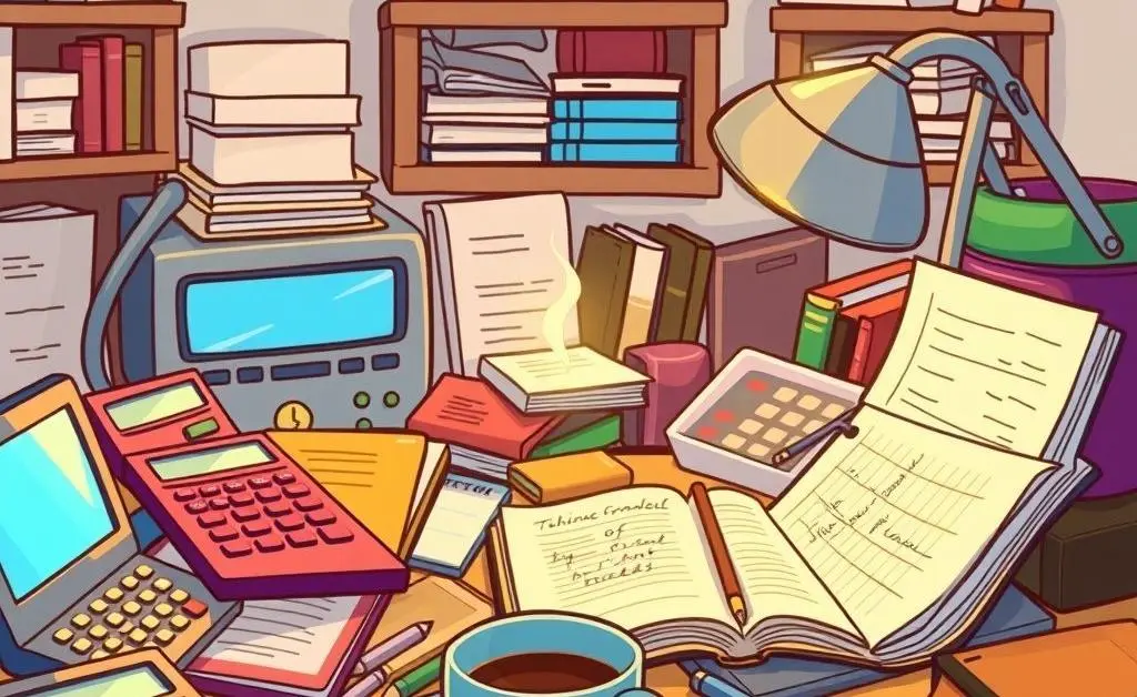A desk filled with budgeting tools like calculators, journals, and a coffee cup