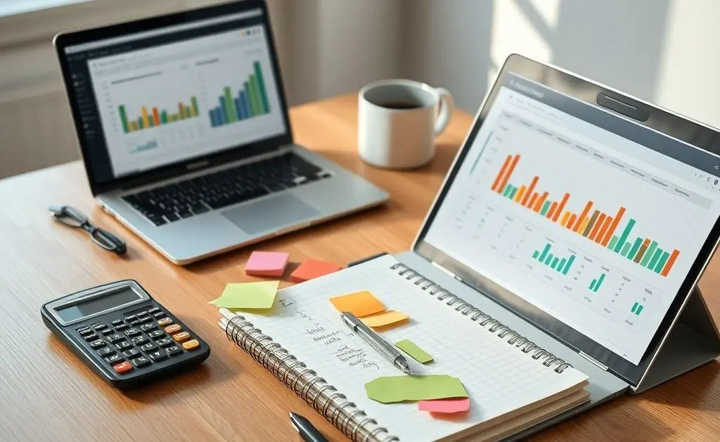 A desk setup with budgeting tools like a calculator, notebook, and a laptop open to a budgeting app.