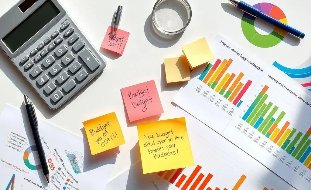 A flatlay of budgeting tools including a calculator, notes, and colorful charts.