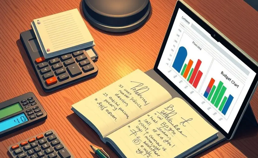 Illustration of a desk with a variety of budgeting tools like a calculator, notepad, and a laptop displaying a budget chart