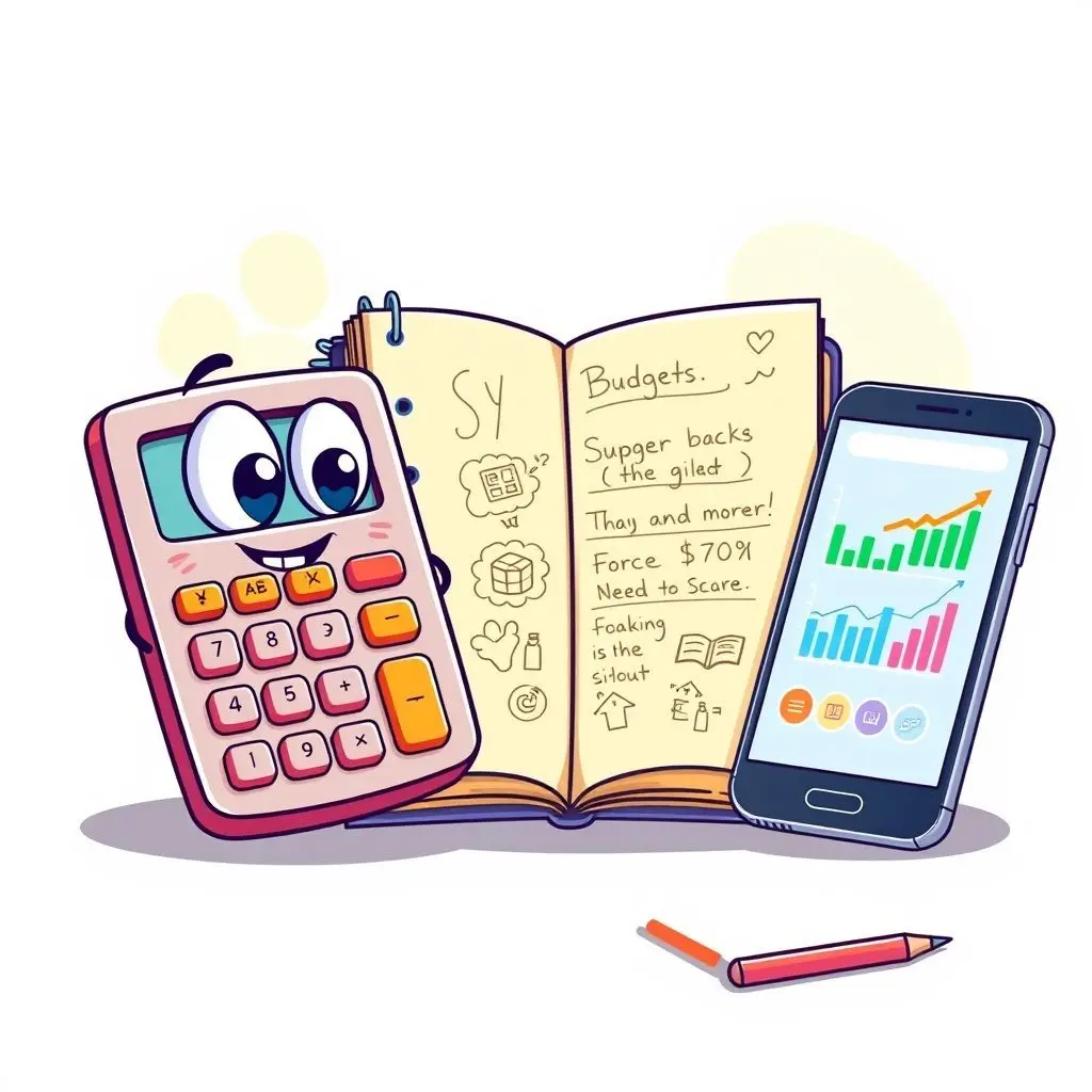 Cartoon image of budgeting tools like a calculator, notebook, and smartphone