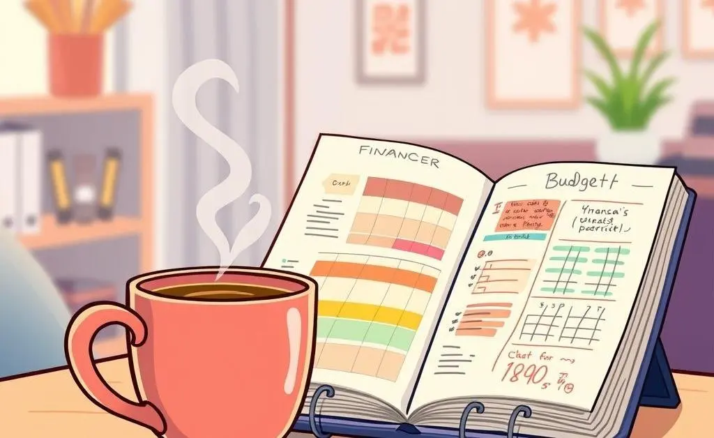 A cartoon image of a coffee cup next to a budget planner, setting a calm and productive budgeting mood.