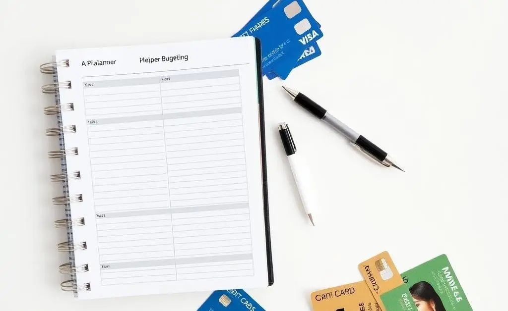 Workspace with credit card offers indicating a budgeting process