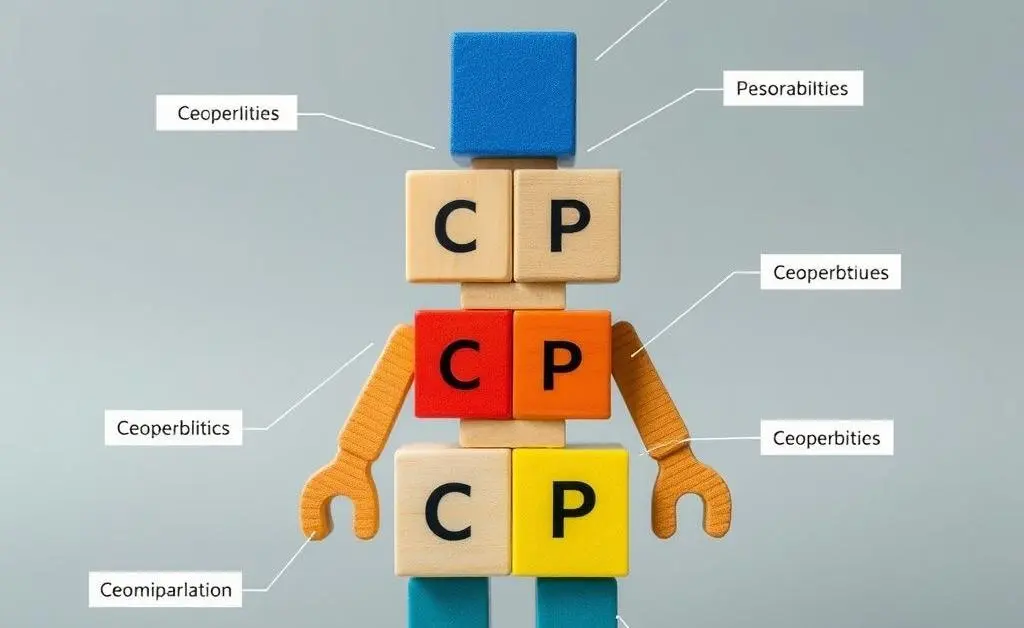 An artistic image of a person building blocks labeled with CFP concepts.