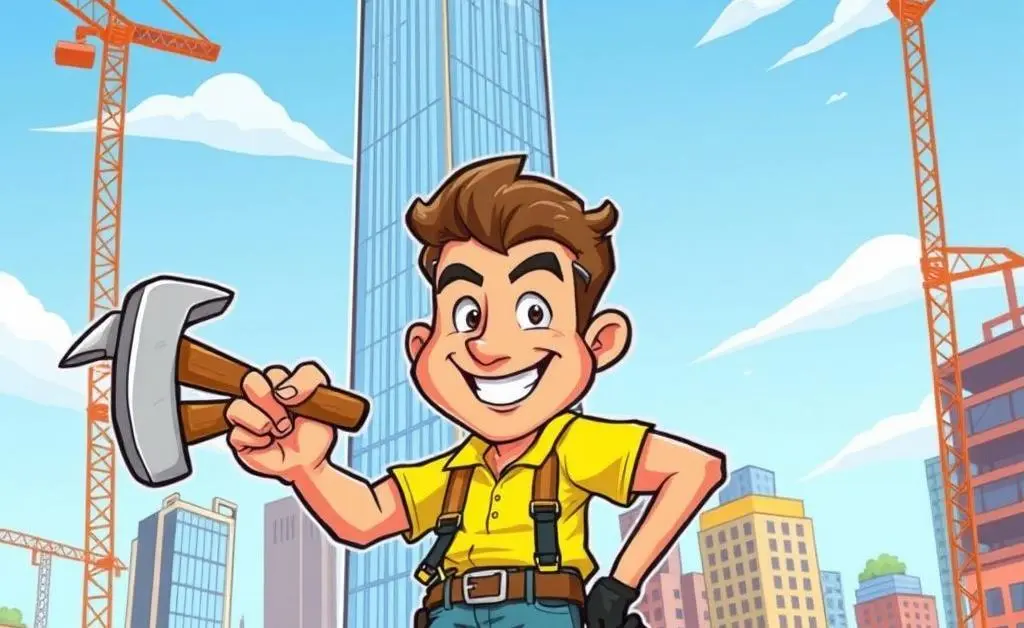A cartoon-style image of a person with a hammer 'building' a credit score represented as a skyscraper