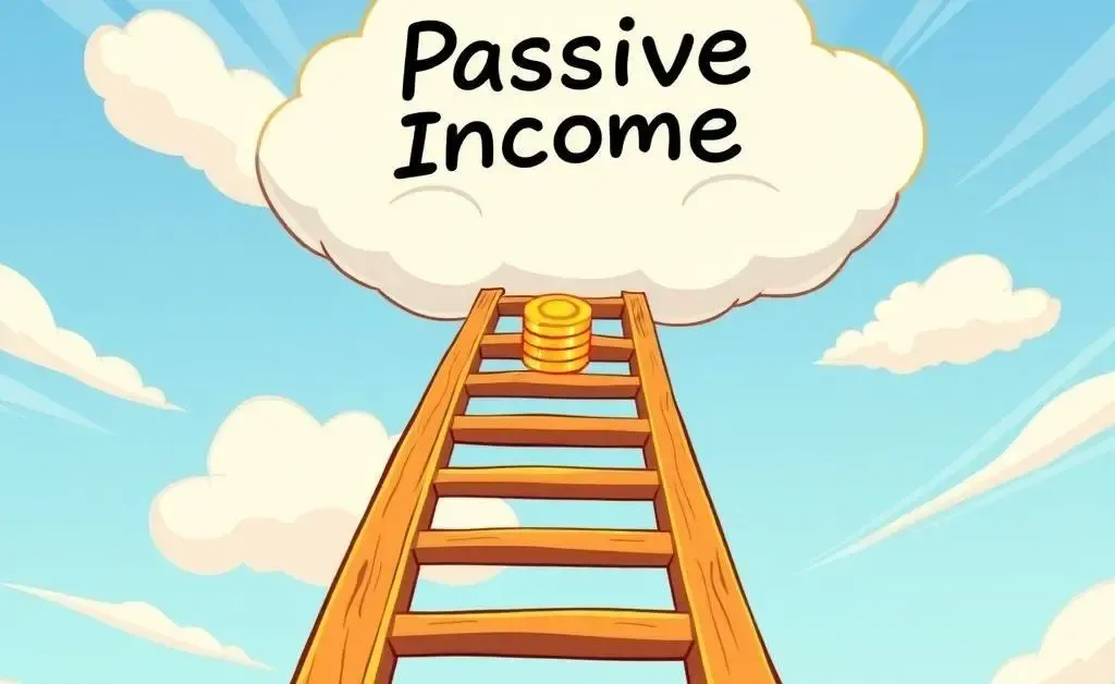 Cartoon-style image of a ladder leading to a cloud marked 'Passive Income,' with coins along the way.
