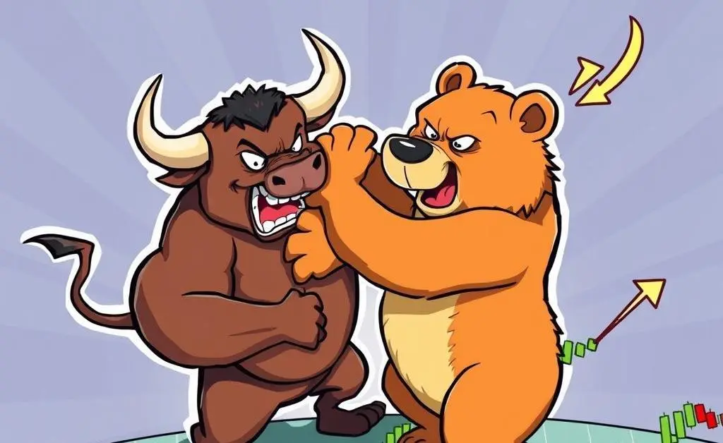 Cartoon of a bull and bear wrestling on a stock chart.