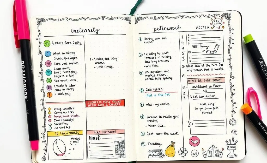 Hand-drawn sketch of a bullet journal layout with colorful markers and doodles