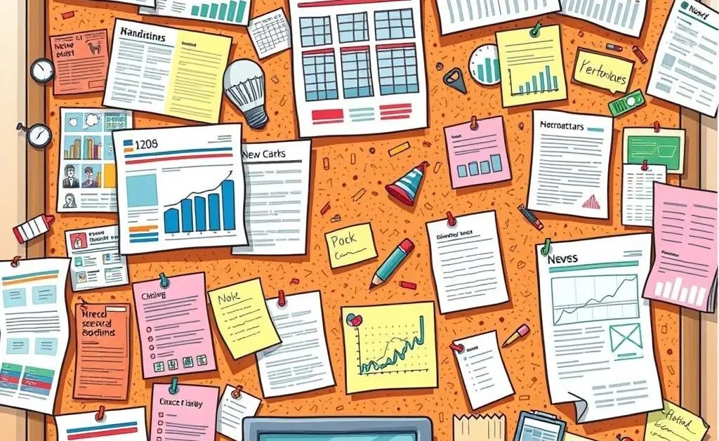 A bulletin board filled with various news clippings and financial updates.