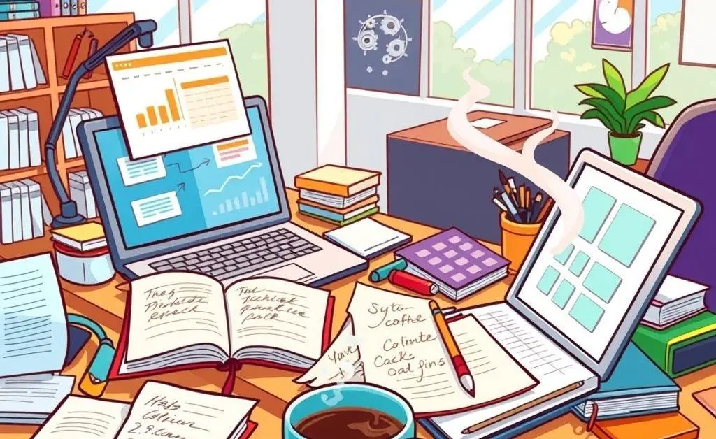 A desk filled with business planning materials