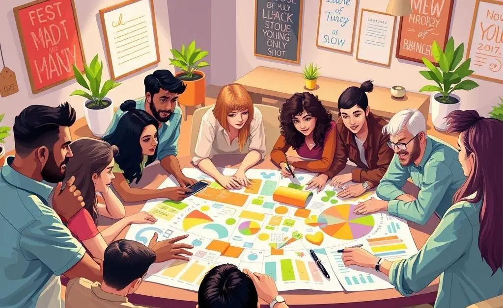 A team collaborating around a strategy planner.