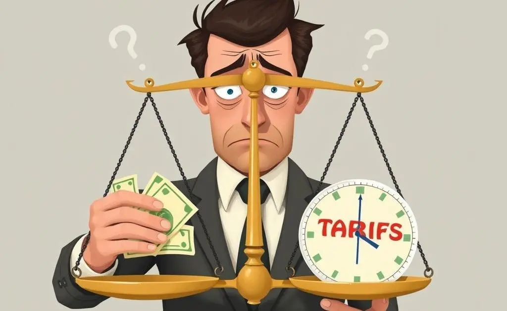 A worried businessman holding a scale with money on one side and tariffs on the other
