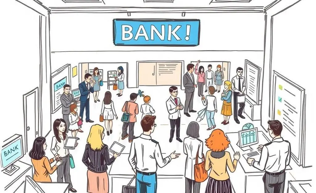 A hand-drawn image of a busy banking floor with employees and clients interacting.