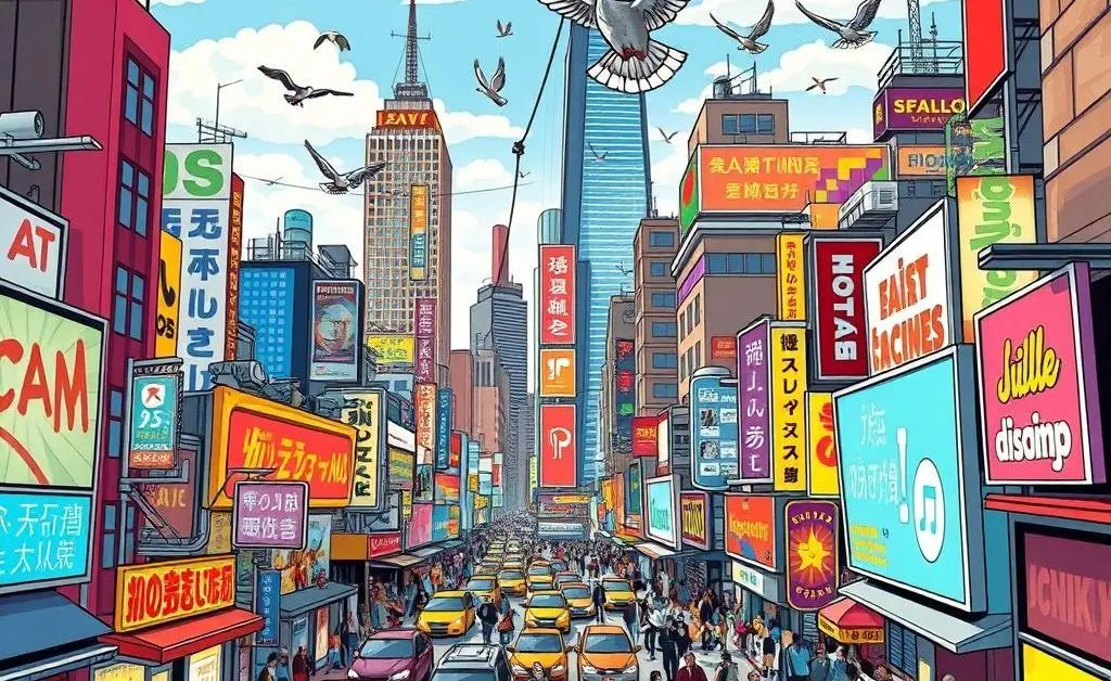 A cartoon-style bustling cityscape illustrating external noise and distractions