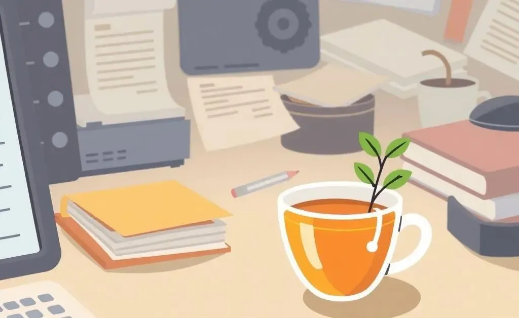 A busy desk with a cup of tea and a small plant.