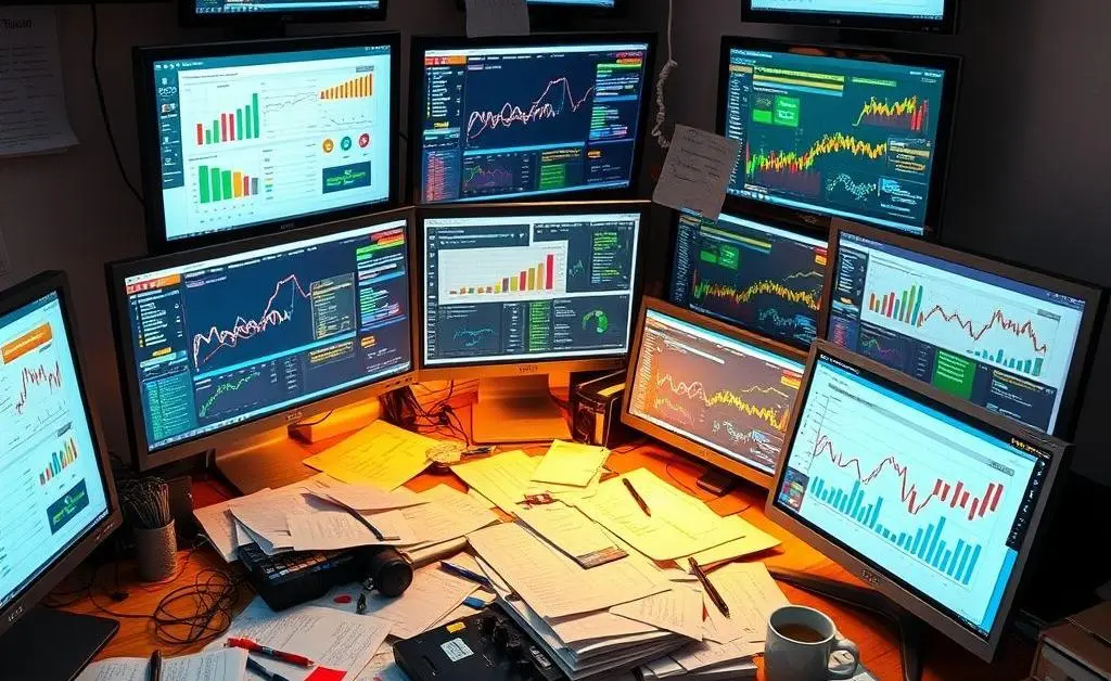 A cluttered desk with multiple monitors and papers.