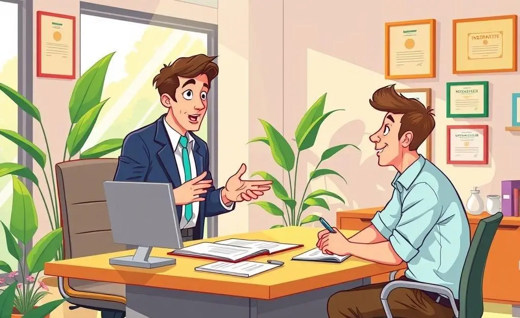 An insurance agent talking to a client in an office