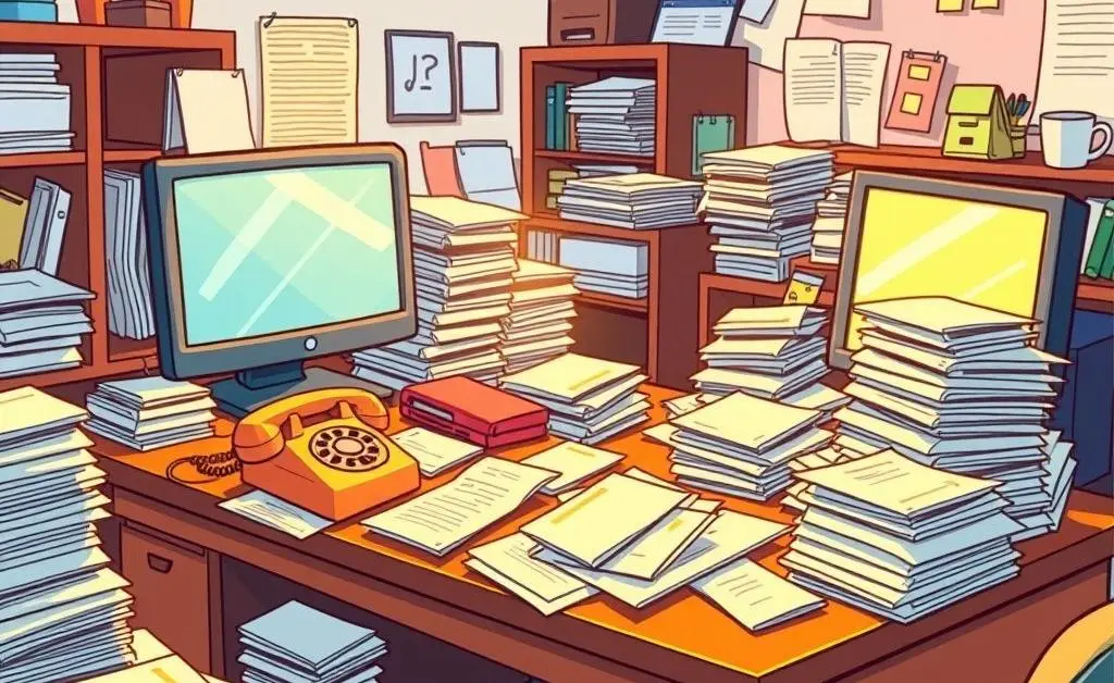 A cartoon-style image of a cluttered desk in an office with stacks of papers, a ringing phone, and a computer.