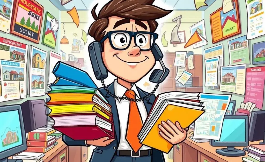 Cartoon of a busy real estate agent juggling files and phone calls