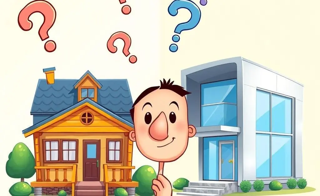 Character pondering two houses with question marks over their head
