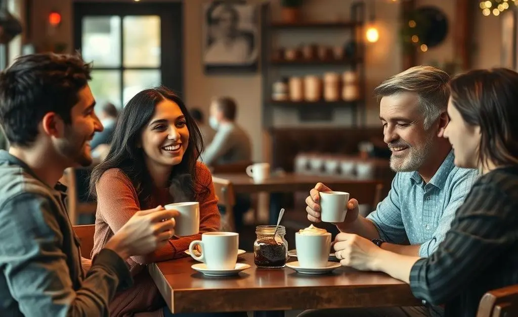Friends chatting in a cozy cafe.