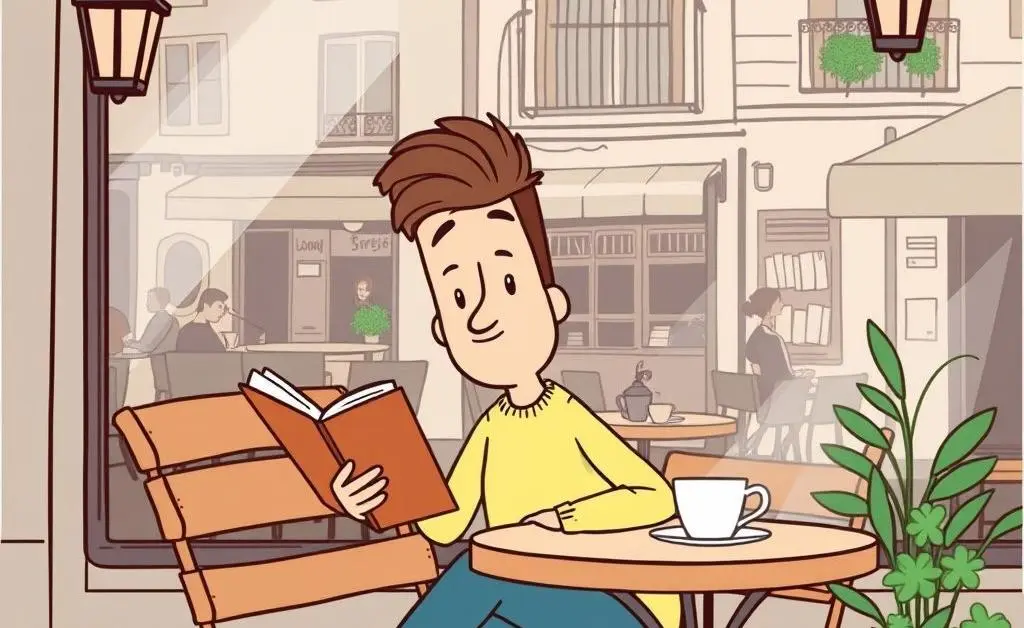Cartoon illustration of a person relaxing at a European café with a book and coffee.