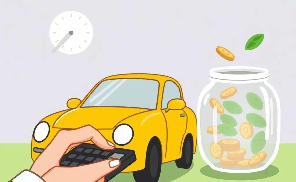 Cartoon-style image of a person using a calculator with car and savings jar.