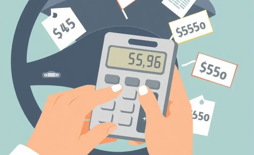 Illustration of a calculator next to a damaged car with money symbols around