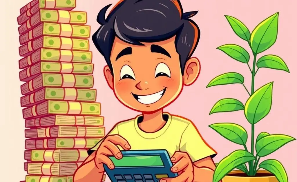 Cartoon of a person using a calculator with piles of money and a plant nearby