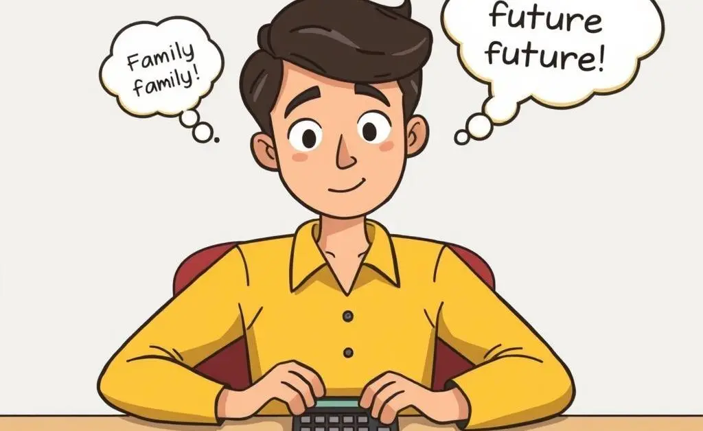 Person calculating insurance needs with a thought bubble of future plans