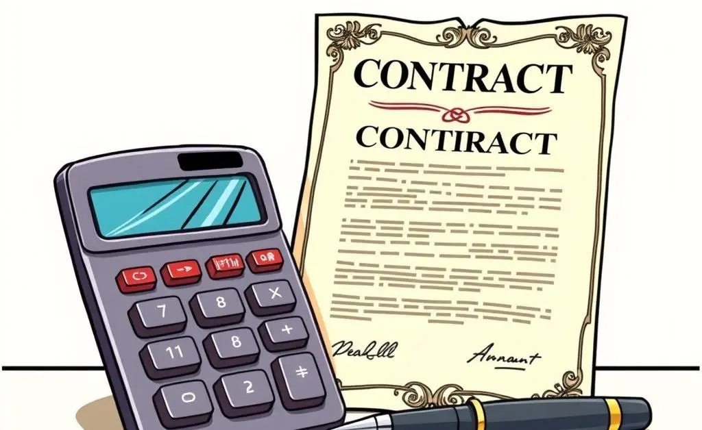 A cartoon style image of a calculator next to a contract and pen