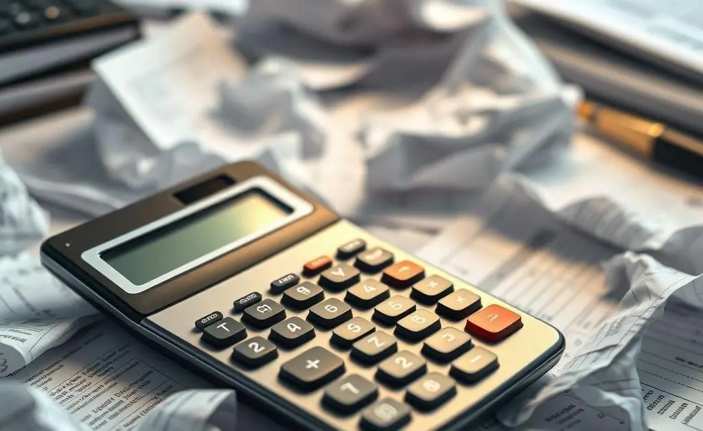 A calculator with medical bills scattered around, showing calculations related to health costs.