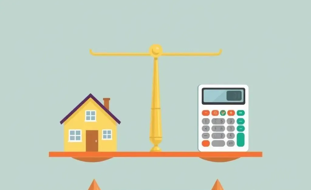An illustration of a balance with a small house on one end and a calculator on the other, visually balancing.