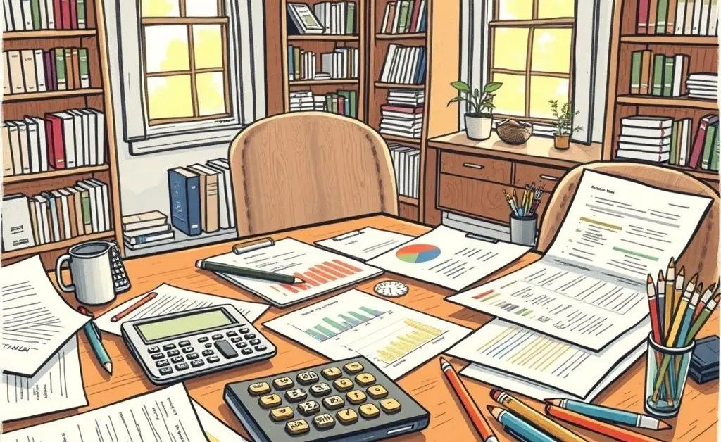 A calculator and budget planner on a desk