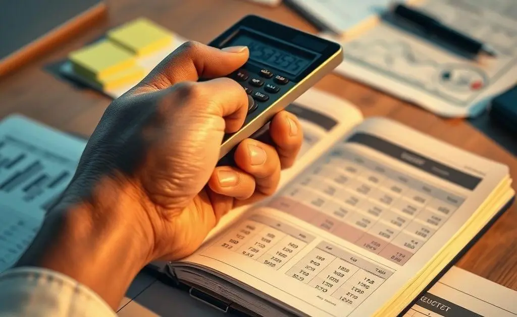 A hand holding a calculator over a budget plan