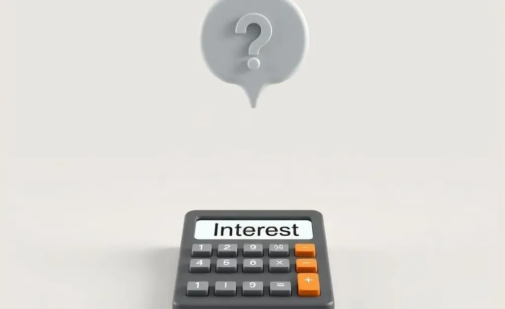 Calculator with word 'Interest' and a thought bubble with a question mark