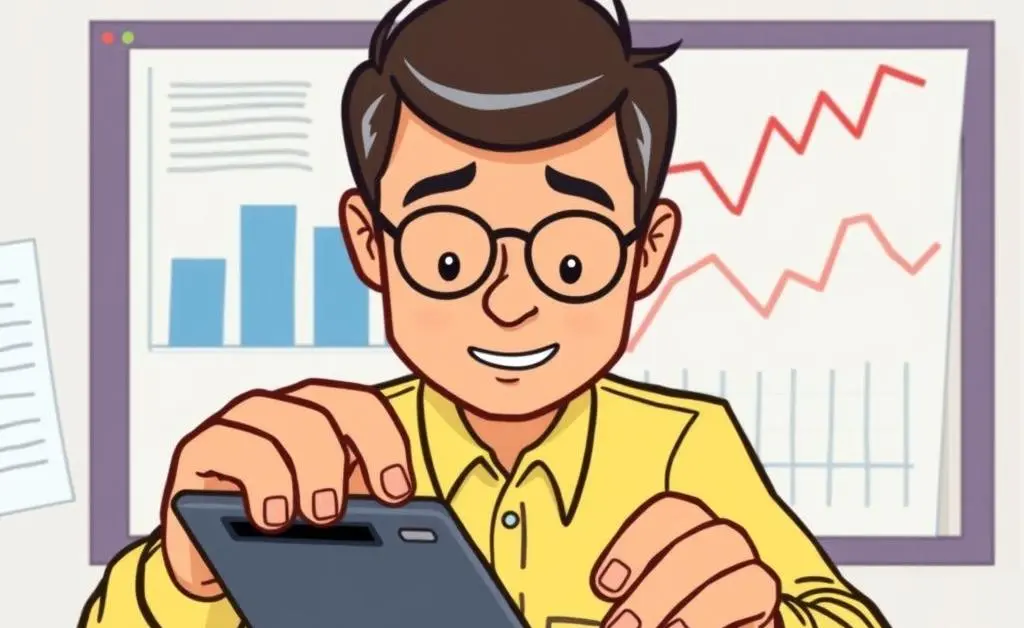 Cartoon-style image of a person using a calculator with charts in the background.