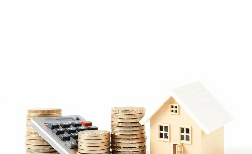 Calculator and stack of coins with a house model.