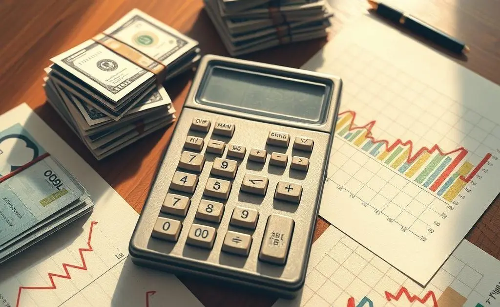 A hand-drawn calculator, stacks of money, and investment charts on a table.