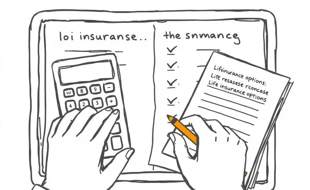 Hand-drawn image of a person using a calculator and planner to reassess life insurance options.