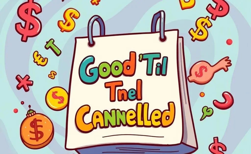 Illustration of a calendar marked with 'Good 'Til Canceled' and currency symbols in a playful design