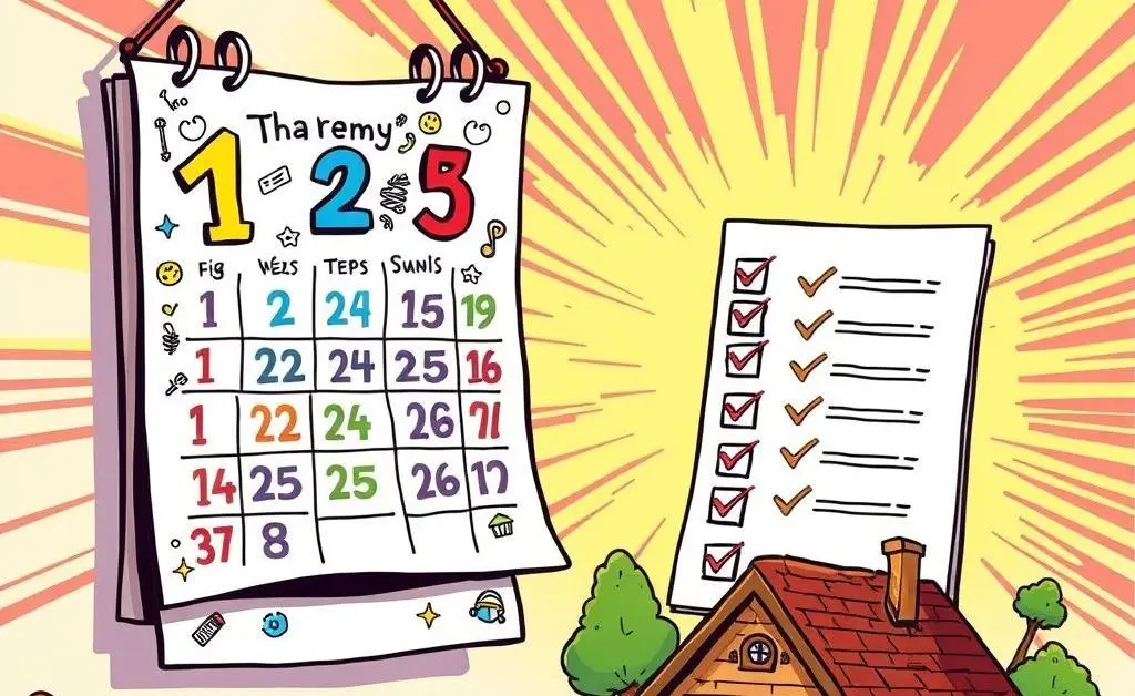 A cartoon-style image of a calendar and checklist placed beside a miniature house