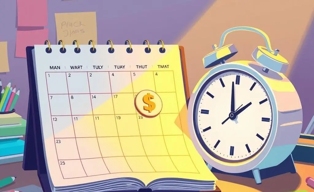 A calendar marked with a payday symbol next to a clock