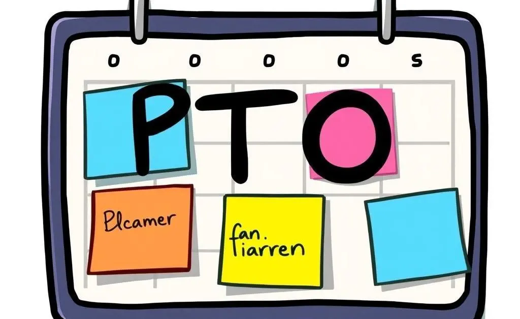 A cartoon-style calendar with colorful sticky notes, symbolizing PTO planning.