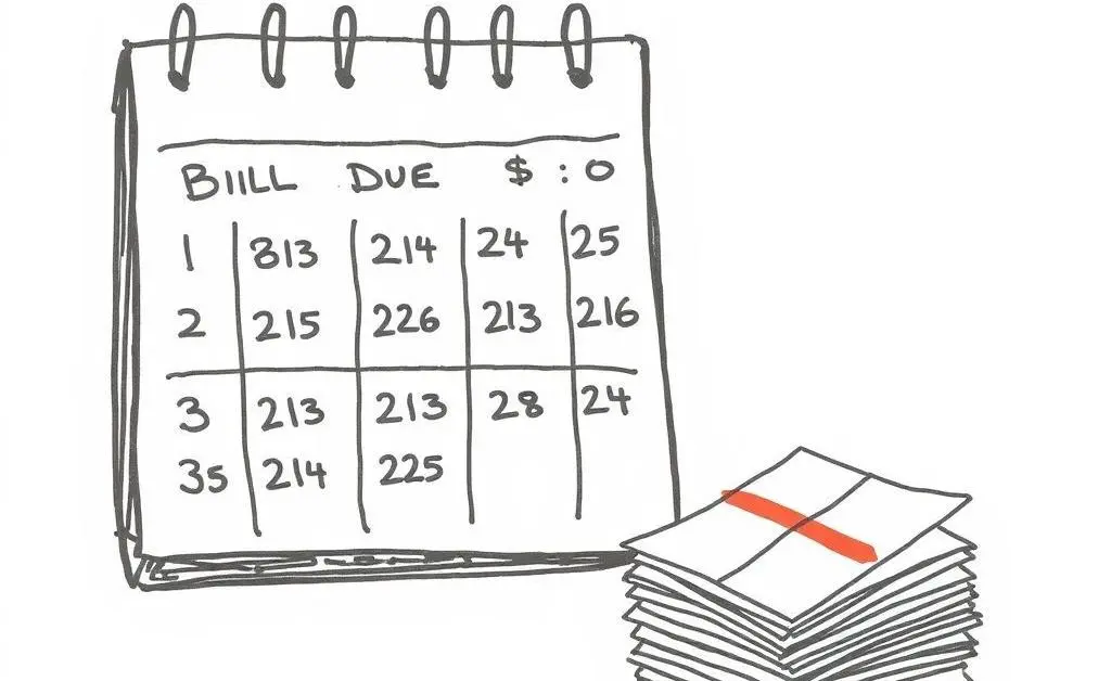 A hand-drawn image showing a calendar with bill due dates and unpaid bills.