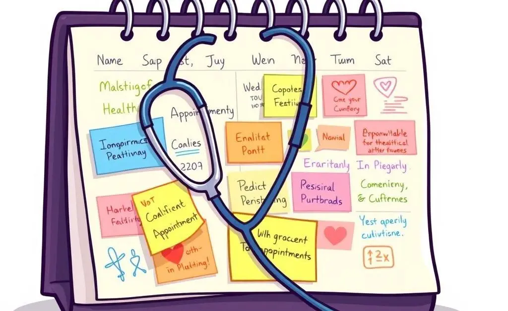 A calendar marked with medical appointments and a stethoscope in cartoon style.