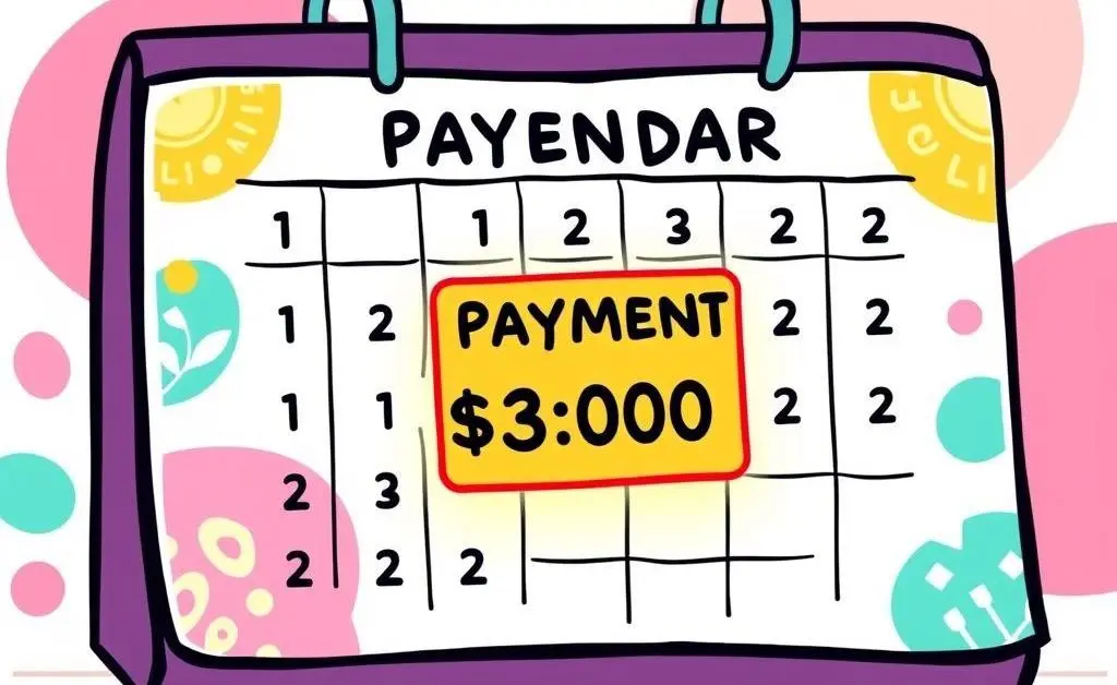 A calendar marked with a credit card payment due date in a colorful, cartoonish style.