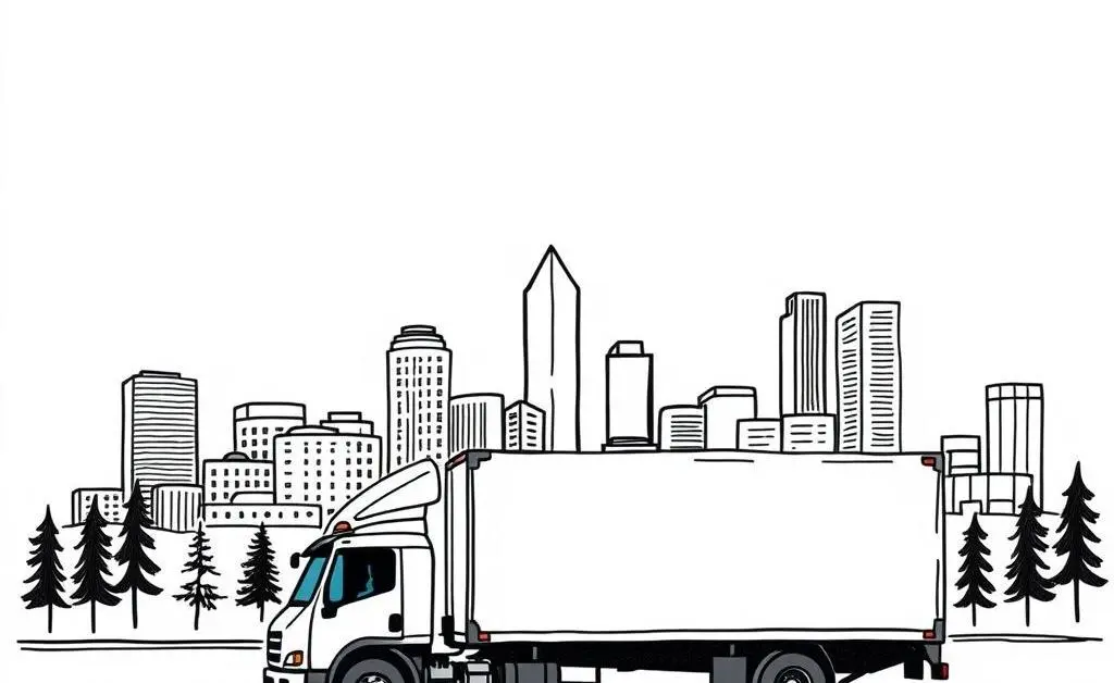 Hand-drawn aesthetic of Calgary's skyline with a moving truck in the foreground.